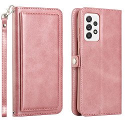 Premium PU Leather Folio Wallet Front Cover Case with Card Holder Slots and Wrist Strap for Samsung Galaxy A52 5G (Rose Gold)