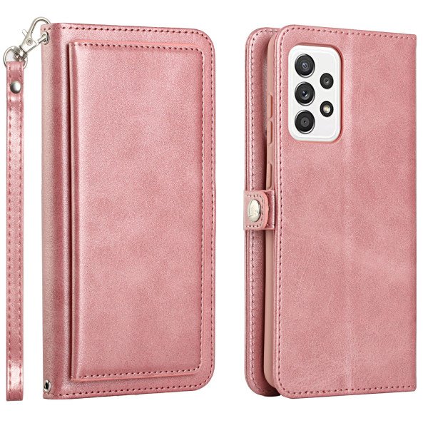 Wholesale Premium PU Leather Folio Wallet Front Cover Case with Card Holder Slots and Wrist Strap for Samsung Galaxy A52 5G (Rose Gold)