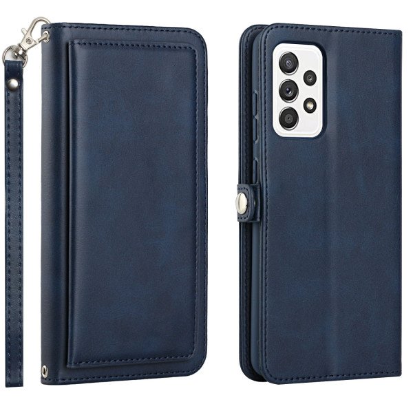 Wholesale Premium PU Leather Folio Wallet Front Cover Case with Card Holder Slots and Wrist Strap for Samsung Galaxy A52 5G (Navy Blue)