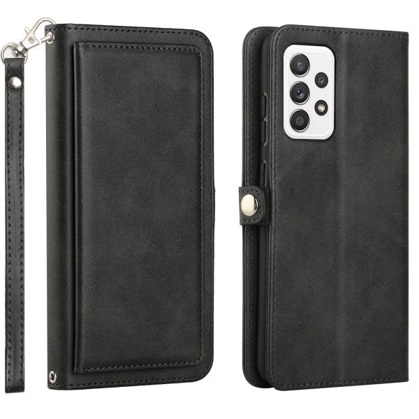 Wholesale Premium PU Leather Folio Wallet Front Cover Case with Card Holder Slots and Wrist Strap for Samsung Galaxy A52 5G (Black)