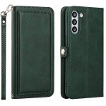 Wholesale Premium PU Leather Folio Wallet Front Cover Case with Card Holder Slots and Wrist Strap for Samsung Galaxy S21 FE 5G (Green)