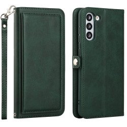 Premium PU Leather Folio Wallet Front Cover Case with Card Holder Slots and Wrist Strap for Samsung Galaxy S21 FE 5G (Green)