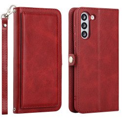 Premium PU Leather Folio Wallet Front Cover Case with Card Holder Slots and Wrist Strap for Samsung Galaxy S21 FE 5G (Red)