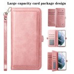 Wholesale Premium PU Leather Folio Wallet Front Cover Case with Card Holder Slots and Wrist Strap for Samsung Galaxy S21 FE 5G (Rose Gold)