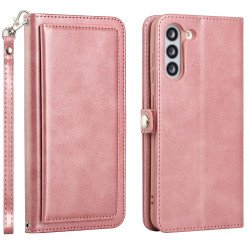 Premium PU Leather Folio Wallet Front Cover Case with Card Holder Slots and Wrist Strap for Samsung Galaxy S21 FE 5G (Rose Gold)