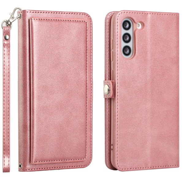 Wholesale Premium PU Leather Folio Wallet Front Cover Case with Card Holder Slots and Wrist Strap for Samsung Galaxy S21 FE 5G (Rose Gold)