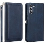 Wholesale Premium PU Leather Folio Wallet Front Cover Case with Card Holder Slots and Wrist Strap for Samsung Galaxy S21 FE 5G (Navy Blue)