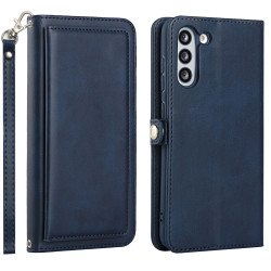 Premium PU Leather Folio Wallet Front Cover Case with Card Holder Slots and Wrist Strap for Samsung Galaxy S21 FE 5G (Navy Blue)