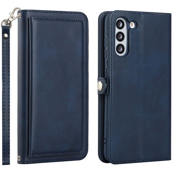 Wholesale Premium PU Leather Folio Wallet Front Cover Case with Card Holder Slots and Wrist Strap for Samsung Galaxy S21 FE 5G (Navy Blue)