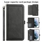 Wholesale Premium PU Leather Folio Wallet Front Cover Case with Card Holder Slots and Wrist Strap for Samsung Galaxy S22+ Plus 5G (Black)