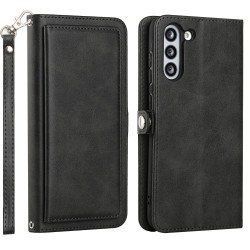 Premium PU Leather Folio Wallet Front Cover Case with Card Holder Slots and Wrist Strap for Samsung Galaxy S21 FE 5G (Black)