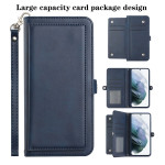 Premium PU Leather Folio Wallet Front Cover Case with Card Holder Slots and Wrist Strap for Samsung Galaxy S22 Ultra 5G (Navy Blue)