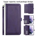 Premium PU Leather Folio Wallet Front Cover Case with Card Holder Slots and Wrist Strap for Samsung Galaxy S22 5G (Purple)