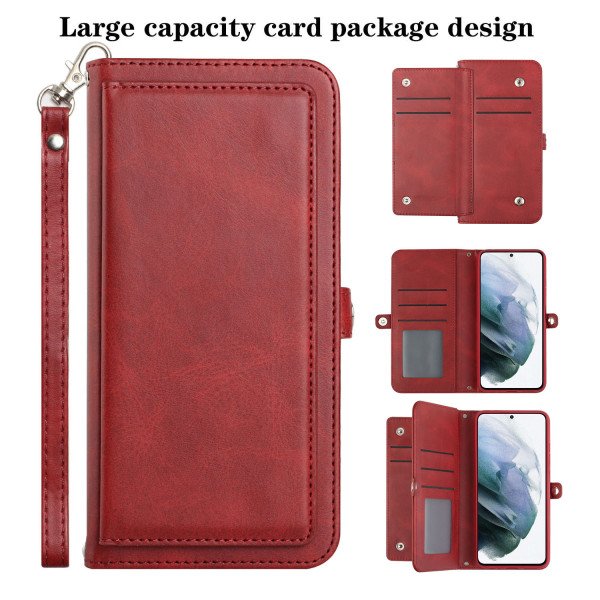Wholesale Premium PU Leather Folio Wallet Front Cover Case with Card Holder Slots and Wrist Strap for Samsung Galaxy S22 Ultra 5G (Red)