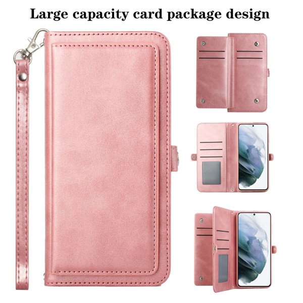 Wholesale Premium PU Leather Folio Wallet Front Cover Case with Card Holder Slots and Wrist Strap for Samsung Galaxy S22 5G (Rose Gold)
