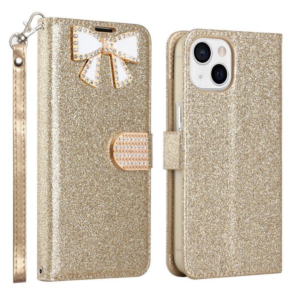 Wholesale Ribbon Bow Crystal Diamond Flip Book Wallet Case for Apple iPhone 13 [6.1] (Gold)