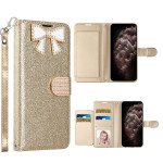 Wholesale Ribbon Bow Crystal Diamond Flip Book Wallet Case for Apple iPhone 13 Pro [6.1] (Gold)