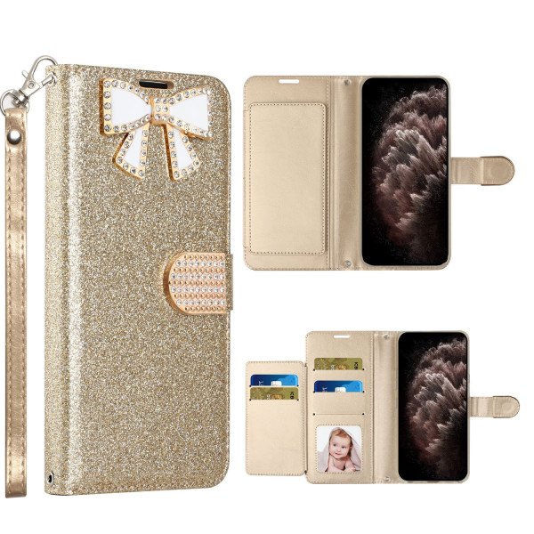 Wholesale Ribbon Bow Crystal Diamond Flip Book Wallet Case for Apple iPhone 13 Pro [6.1] (Gold)