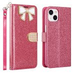 Wholesale Ribbon Bow Crystal Diamond Flip Book Wallet Case for Apple iPhone 13 [6.1] (Hot Pink)