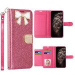 Wholesale Ribbon Bow Crystal Diamond Flip Book Wallet Case for Apple iPhone 13 [6.1] (Hot Pink)