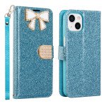 Wholesale Ribbon Bow Crystal Diamond Flip Book Wallet Case for Apple iPhone 13 [6.1] (Light Blue)