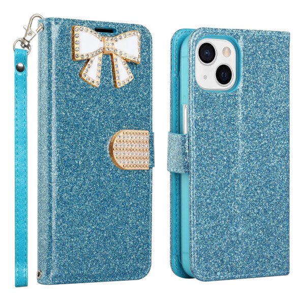 Wholesale Ribbon Bow Crystal Diamond Flip Book Wallet Case for Apple iPhone 13 [6.1] (Light Blue)