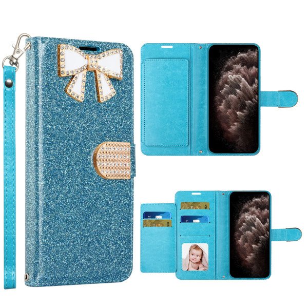 Wholesale Ribbon Bow Crystal Diamond Flip Book Wallet Case for Apple iPhone 13 Pro [6.1] (Light Blue)