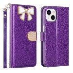 Wholesale Ribbon Bow Crystal Diamond Flip Book Wallet Case for Apple iPhone 13 [6.1] (Purple)