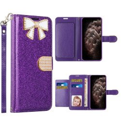 Ribbon Bow Crystal Diamond Flip Book Wallet Case for Apple iPhone 13 Pro [6.1] (Purple)