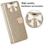 Wholesale Ribbon Bow Crystal Diamond Flip Book Wallet Case for Apple iPhone 13 Pro [6.1] (Gold)