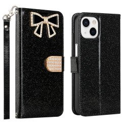 Ribbon Bow Crystal Diamond Flip Book Wallet Case for Apple iPhone 13 [6.1] (Black)