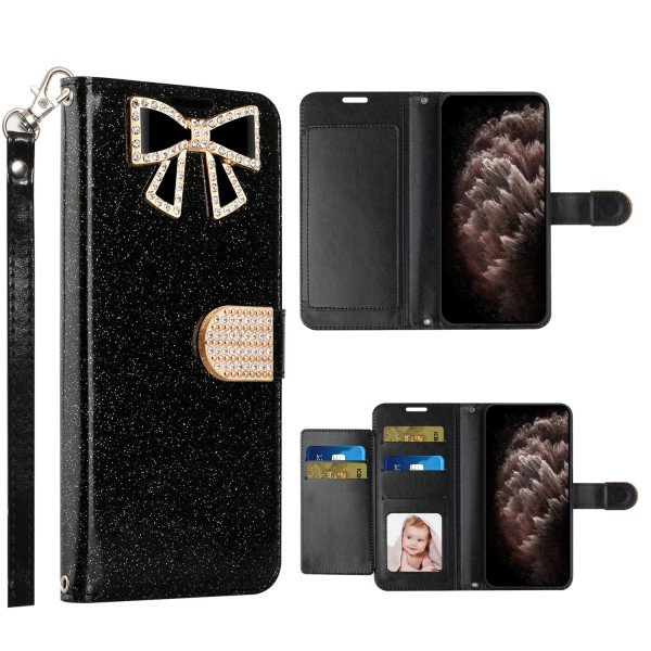 Wholesale Ribbon Bow Crystal Diamond Flip Book Wallet Case for Apple iPhone 13 Pro [6.1] (Black)
