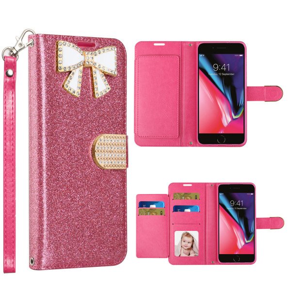 Wholesale Ribbon Bow Crystal Diamond Wallet Case for Apple iPhone 8 Plus / 7 Plus (Hot Pink)