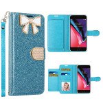 Wholesale Ribbon Bow Crystal Diamond Wallet Case for Apple iPhone 8 Plus / 7 Plus (Light Blue)