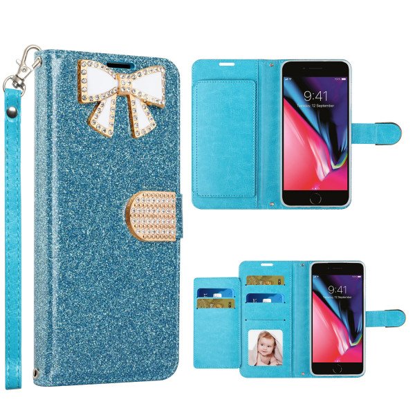 Wholesale Ribbon Bow Crystal Diamond Wallet Case for Apple iPhone 8 Plus / 7 Plus (Light Blue)