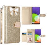 Wholesale Ribbon Bow Crystal Diamond Wallet Case for Samsung Galaxy A22 5G (Gold)