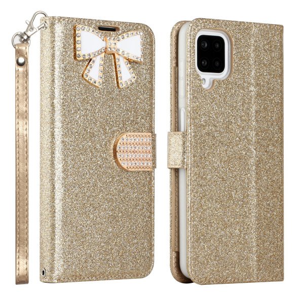 Wholesale Ribbon Bow Crystal Diamond Wallet Case for Samsung Galaxy A22 5G (Gold)