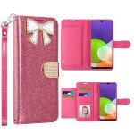 Wholesale Ribbon Bow Crystal Diamond Wallet Case for Samsung Galaxy A22 5G (Hot Pink)