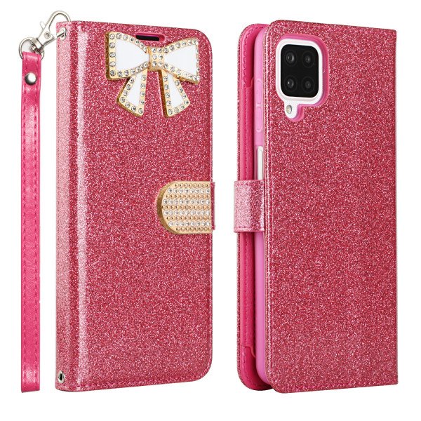 Wholesale Ribbon Bow Crystal Diamond Wallet Case for Samsung Galaxy A22 5G (Hot Pink)