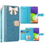 Wholesale Ribbon Bow Crystal Diamond Wallet Case for Samsung Galaxy A22 5G (Light Blue)