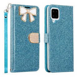 Ribbon Bow Crystal Diamond Wallet Case for Samsung Galaxy A22 5G (Light Blue) Ribbon Bow Crystal Diamond Wallet Case for Samsung Galaxy A22 5G (Light Blue)