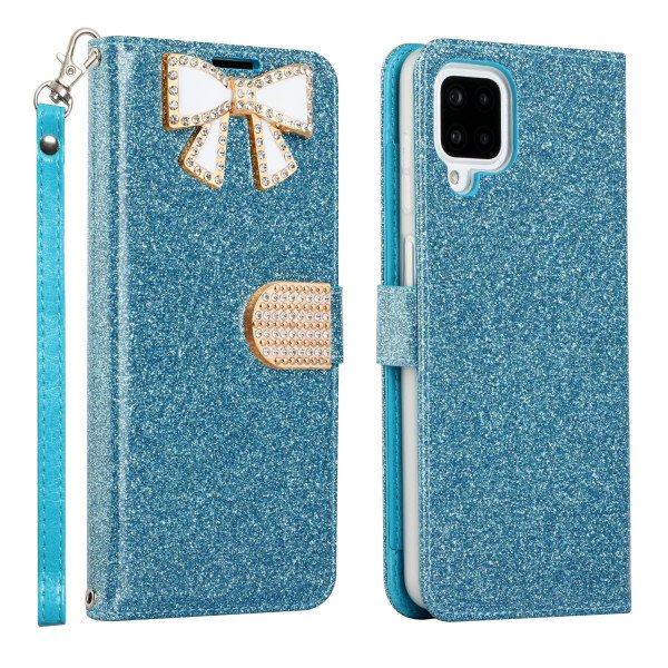 Wholesale Ribbon Bow Crystal Diamond Wallet Case for Samsung Galaxy A22 4G (Light Blue)