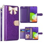 Wholesale Ribbon Bow Crystal Diamond Wallet Case for Samsung Galaxy A22 4G (Purple)