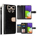 Wholesale Ribbon Bow Crystal Diamond Wallet Case for Samsung Galaxy A22 5G (Black)