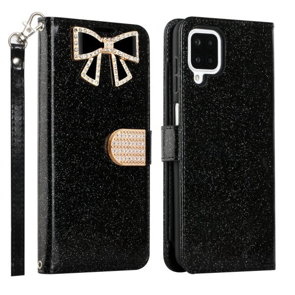 Wholesale Ribbon Bow Crystal Diamond Wallet Case for Samsung Galaxy A22 5G (Black)