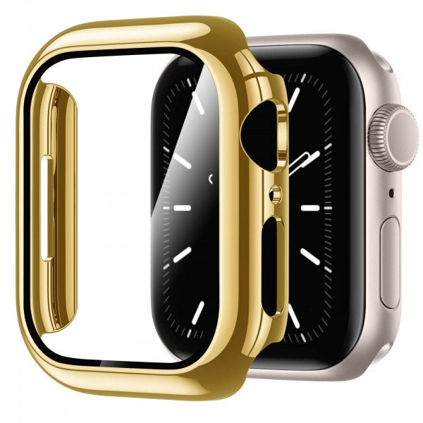 Wholesale Tempered Glass Screen Protector Full Coverage Shockproof Cover Case for Apple Watch Series 9/8/7 [41MM] (Gold)