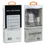 Wholesale 2in1 Car 2.4A (Dual) 2 Ports Charger with 3FT USB to Micro V8V9 Cable for Universal Cell Phone, Device and More (White)