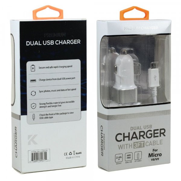 Wholesale 2in1 Car 2.4A (Dual) 2 Ports Charger with 3FT USB to Micro V8V9 Cable for Universal Cell Phone, Device and More (White)