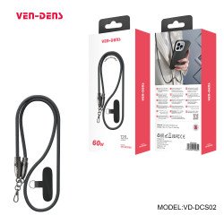 60W USB-C to USB-C Braided Charging Cable with Phone Holder Strap Lanyard (Black)
