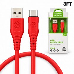 Type C / USB-C 2.4A Heavy Duty Strong Soft Flexible Tangled Free Silicone OD 5.0mm Charge and Sync USB Cable 3FT for Universal Cell Phone, Device and More (Red)